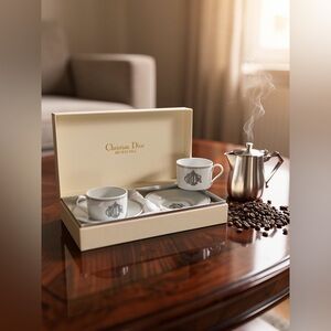 Christian Dior Porcelain White and Gray Coffee Cup and Saucer Set of 2